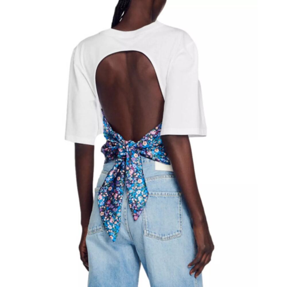 Sandro Lutetia Floral Print Mixed Media Top Open Back Tie Ruched Satin Blouse - Picture 3 of 12